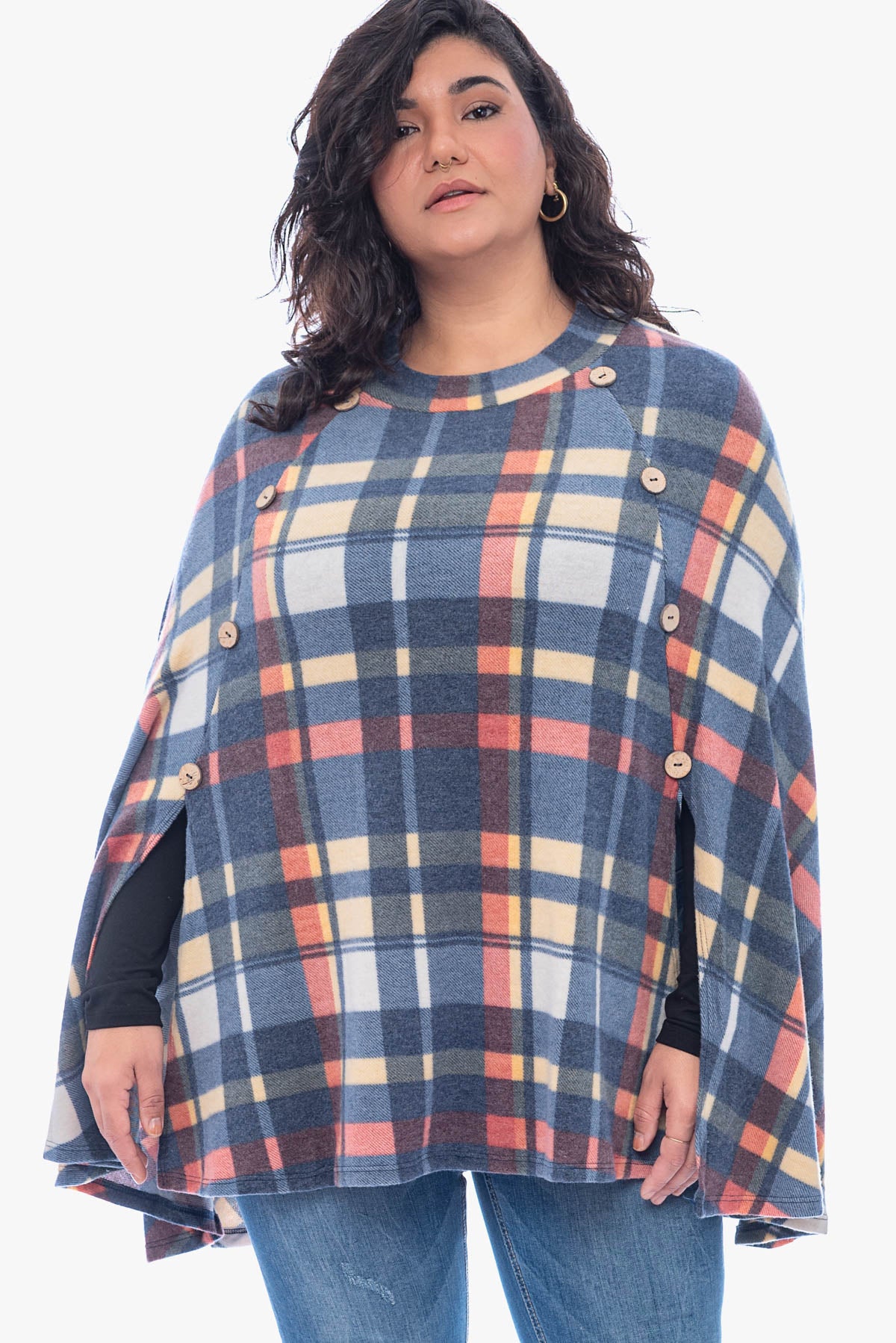 KORA plaid brushed poncho