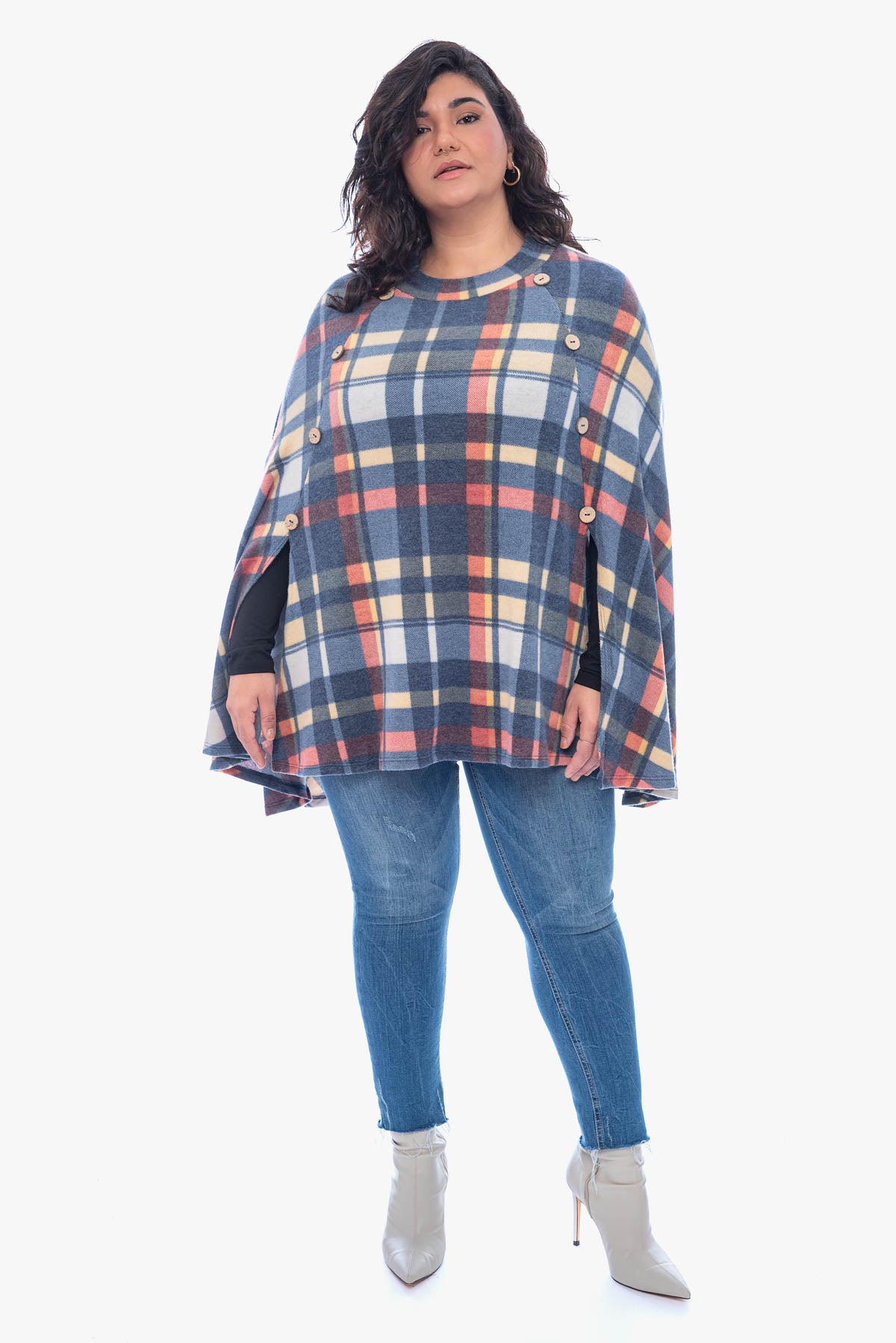 KORA plaid brushed poncho