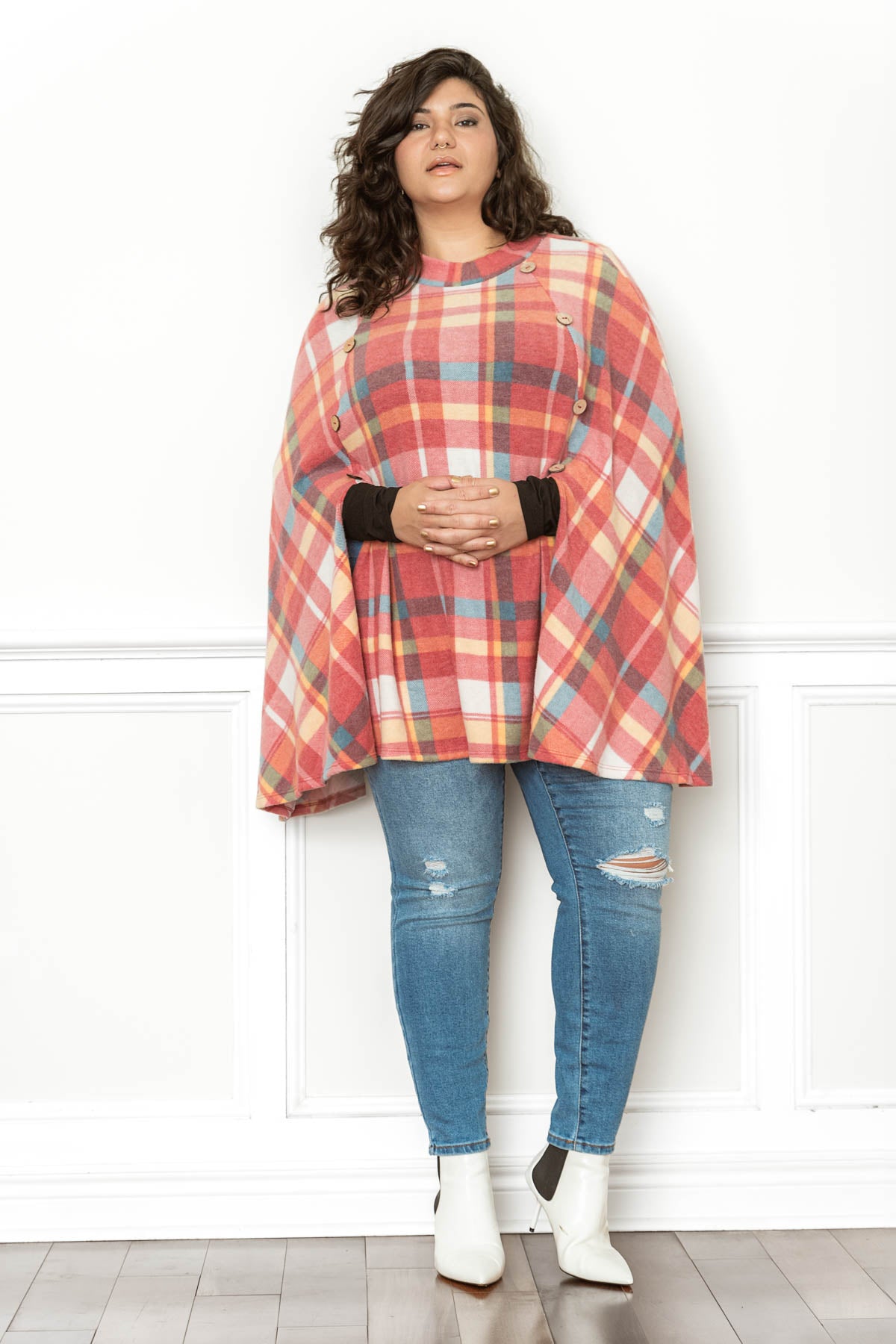 KORA plaid brushed poncho